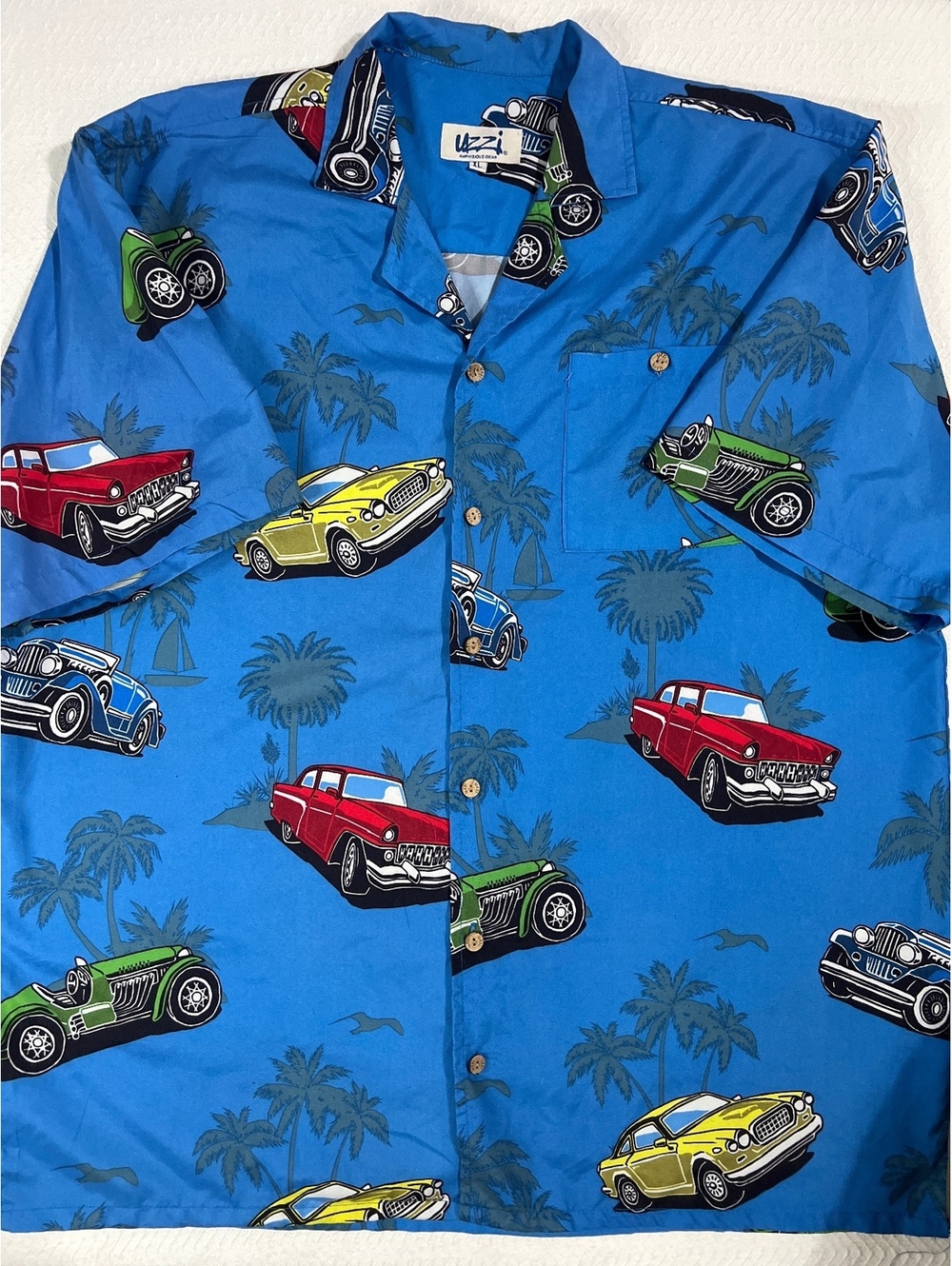 Uzzi Vintage Blue Polyester Button-Up Shirt with Classic Car Print XL